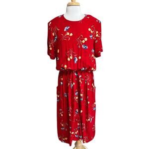 STUDIO 90s Cottagecore Day Dress Red Floral Elastic Waist Pockets Women's 18W